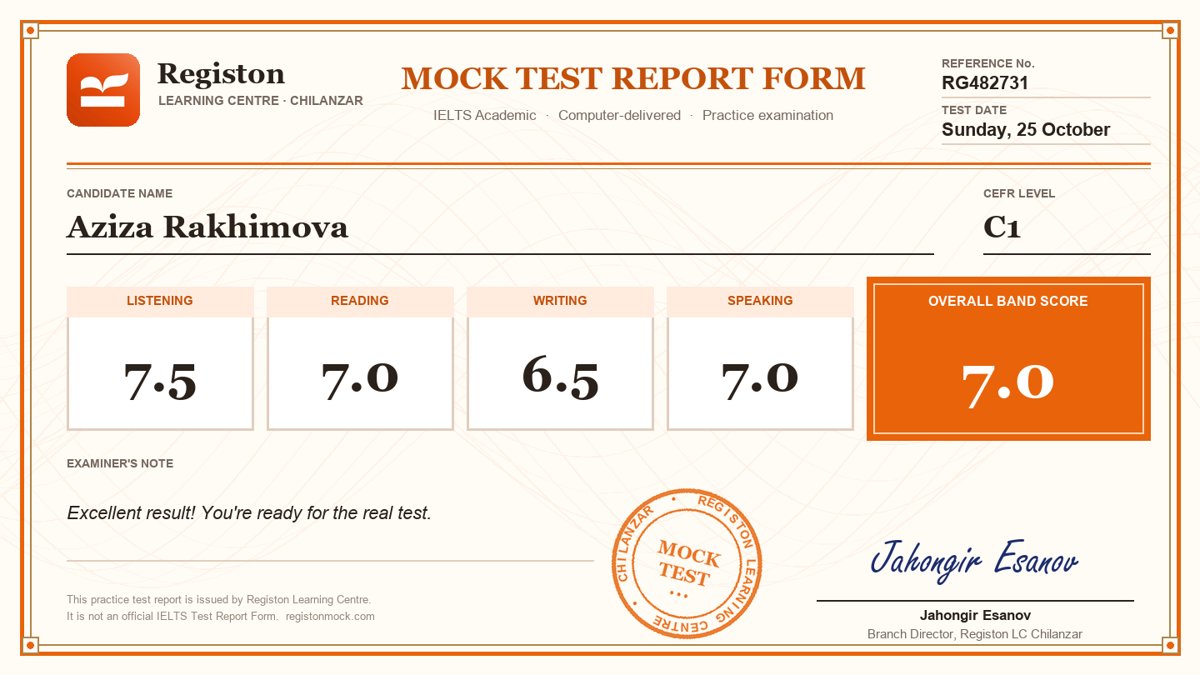 Sample result certificate